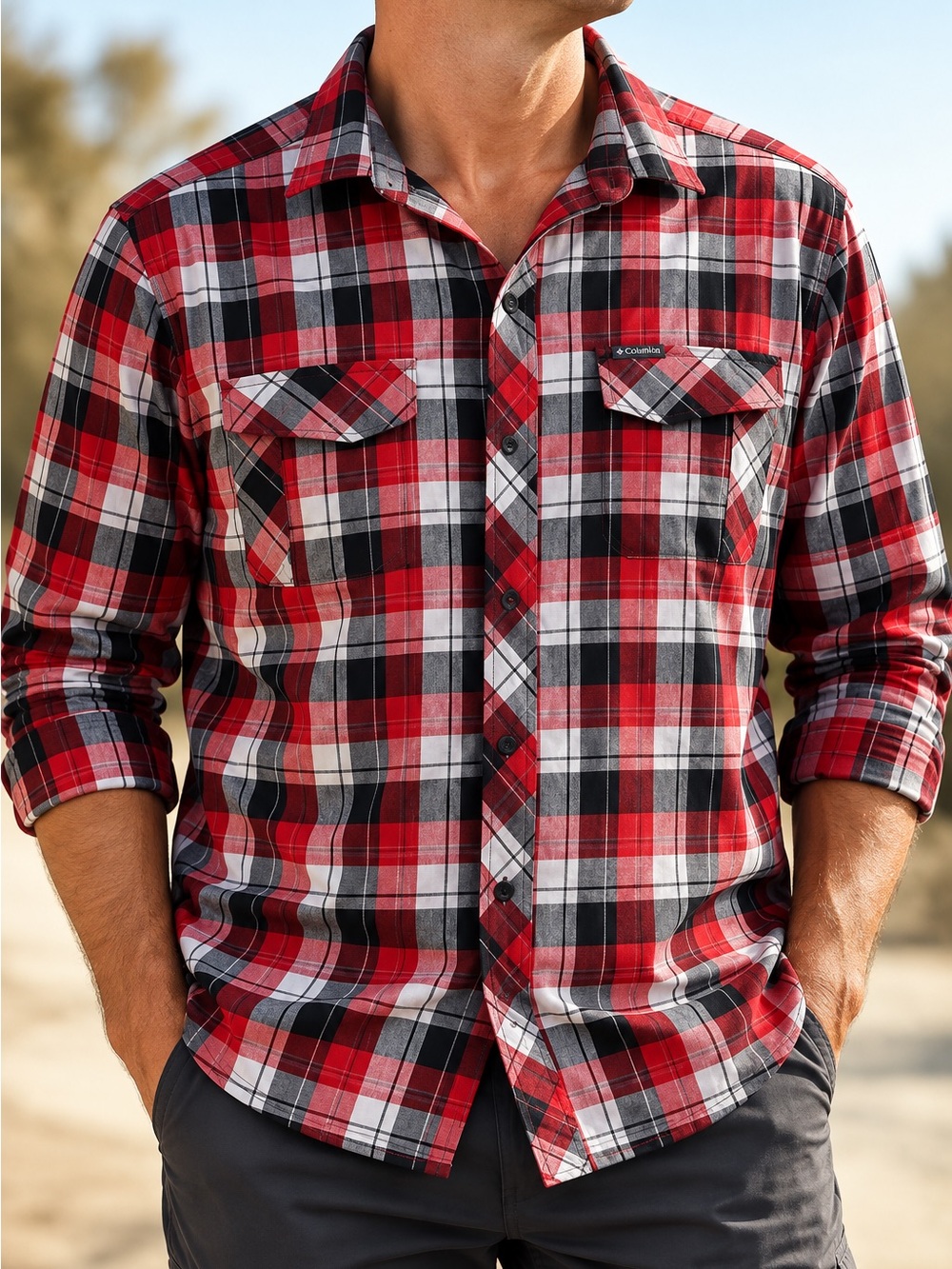Men's Red Plaid Casual Button-Down Shirt with Chest Pockets Men XL